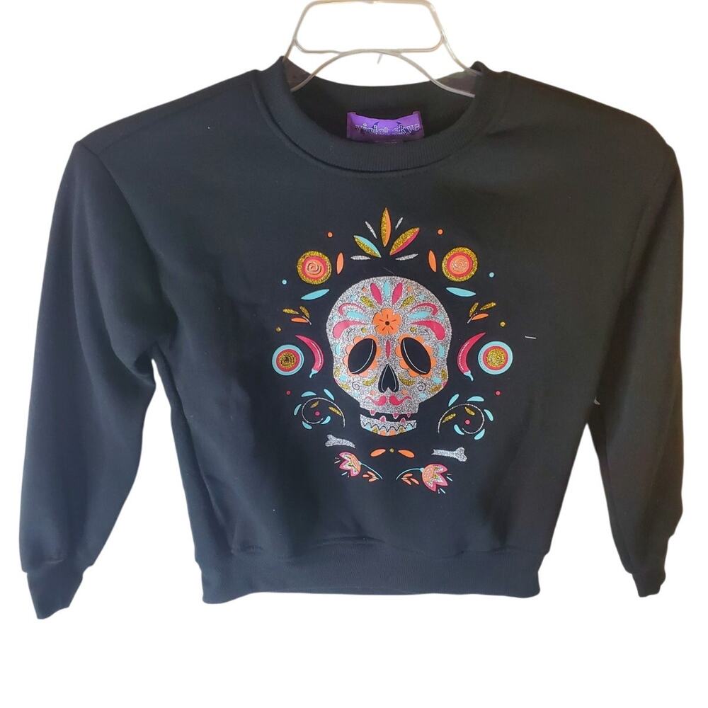 Violet Skye Girls 10/12 Glittery Sugar Skull Dia de los Muertos Sweatshirt, NWT